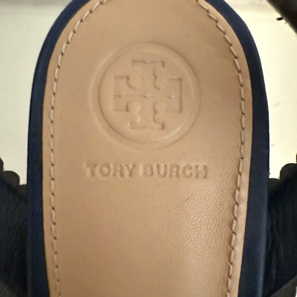 TORY BURCH Marguerite Perforated Floral Navy Blue Slingback Block Heel Sandal 10 - Image 5