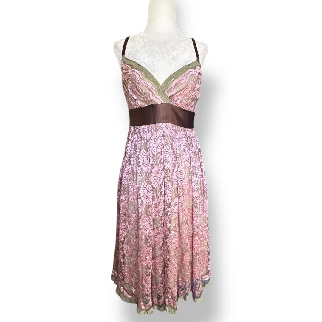 Vintage Y2K Necessary Objects Pink Floral Lace Slip Dress Brown Satin Bow Small - Image 2