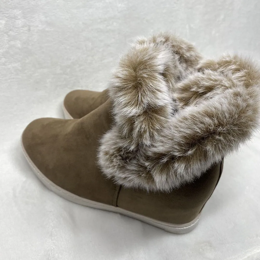 Jessica Carlyle Faux Suede Wedge Booties‎ Faux Fur Trim Casual Ankle Boots Sz 9 Brown - Image 5