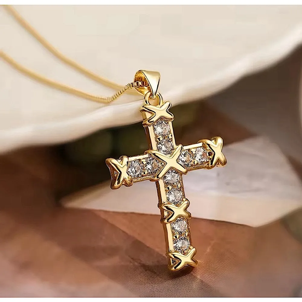NEW Unisex 18k Gold Filled‎ Plated Simulated Diamond Cross Necklace, 16-18” - Image 3