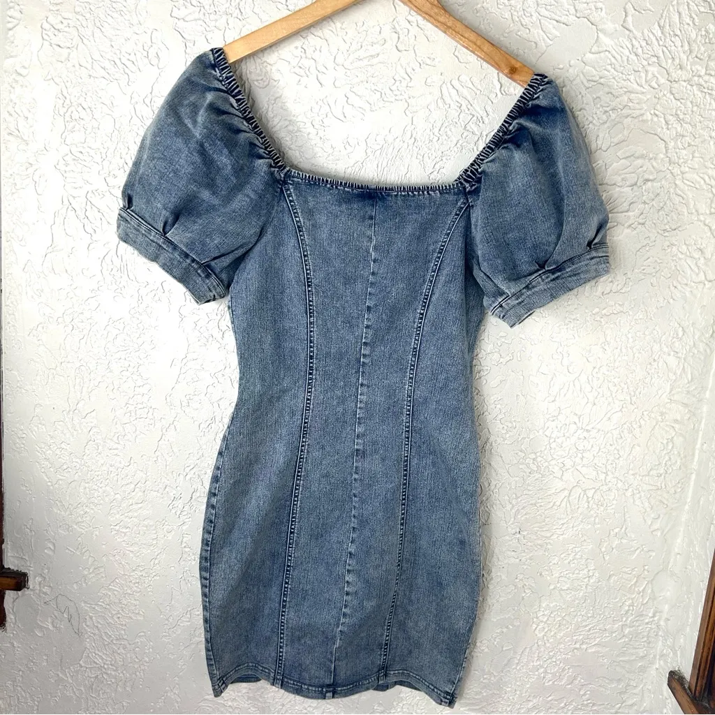 MELE E PERE | Acid Wash Denim Front Snap Puff Sleeve Stretchy Mini Dress Size S Blue - Image 7