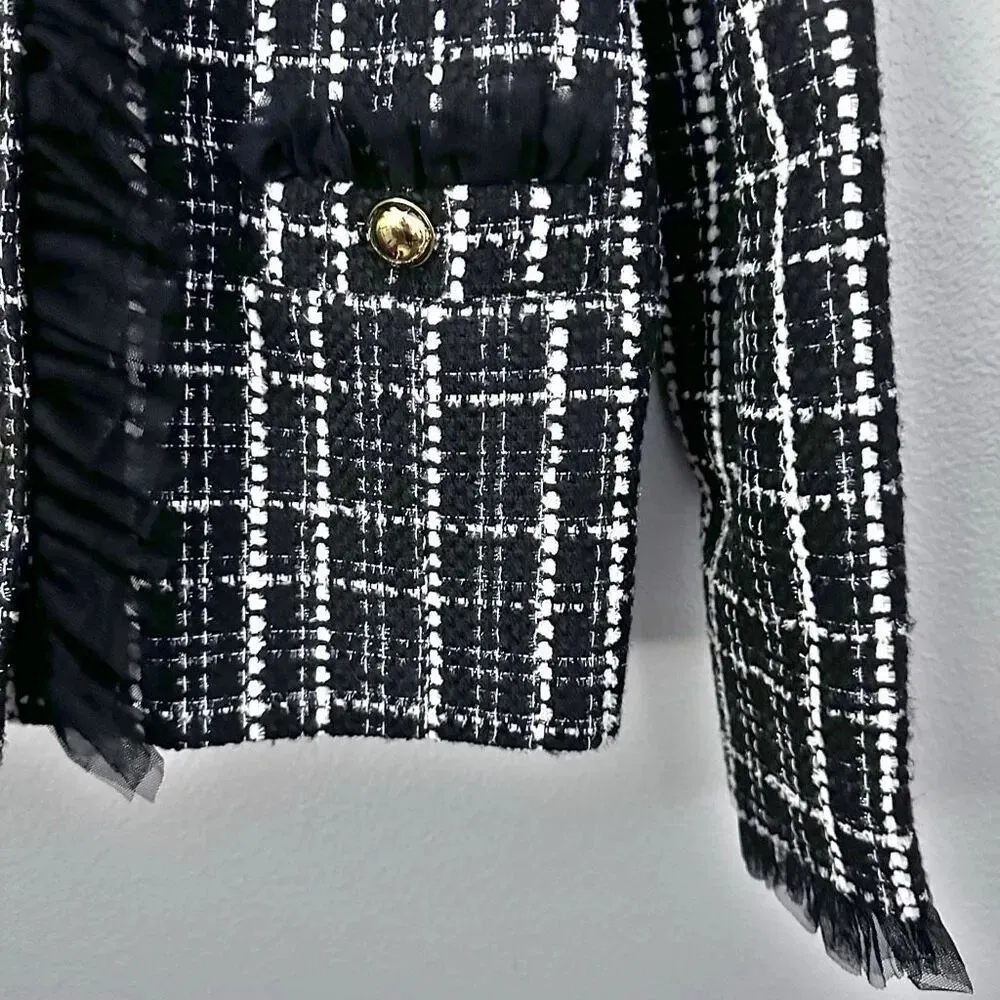HALOGEN x ATLANTIC PACIFIC | NWT Tulle Ruffle Plaid Jacket Tweed Blazer | Large - Image 5