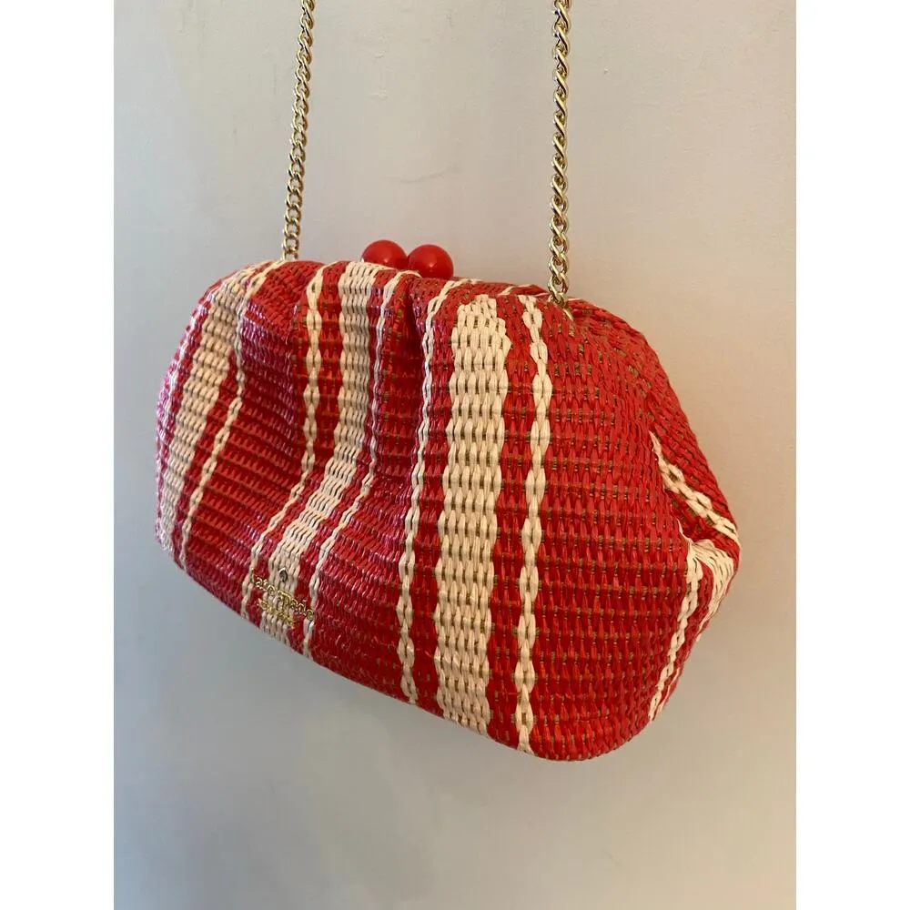 Kate Spade New Scrunchy Convertible Clutch Red Tan Wicker Rattan Striped Summer - Image 7