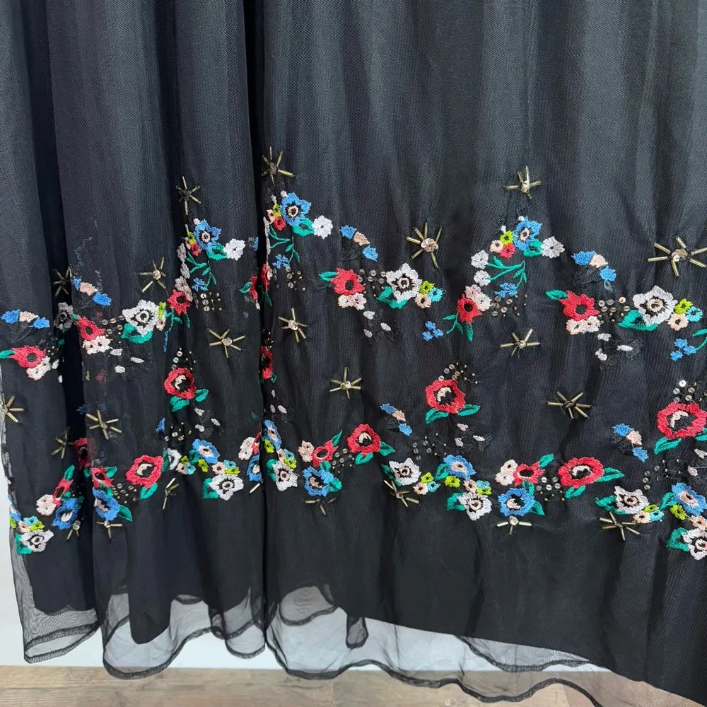 Floral Embroidered Black Maxi Dress Sheer Overlay & Long Sleeves Frock & Frill Size 14 - Image 10