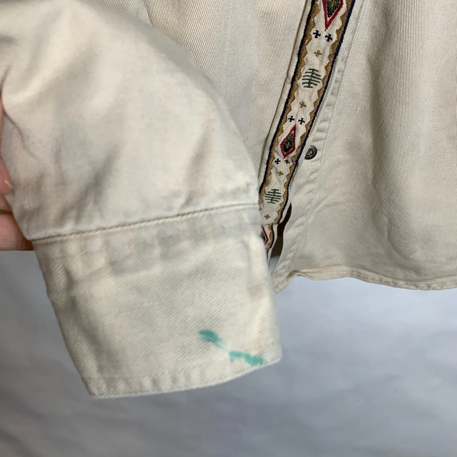 Vintage Aztec Button Up Shirt Sz Medium Heavy Fabric Tan - Image 7