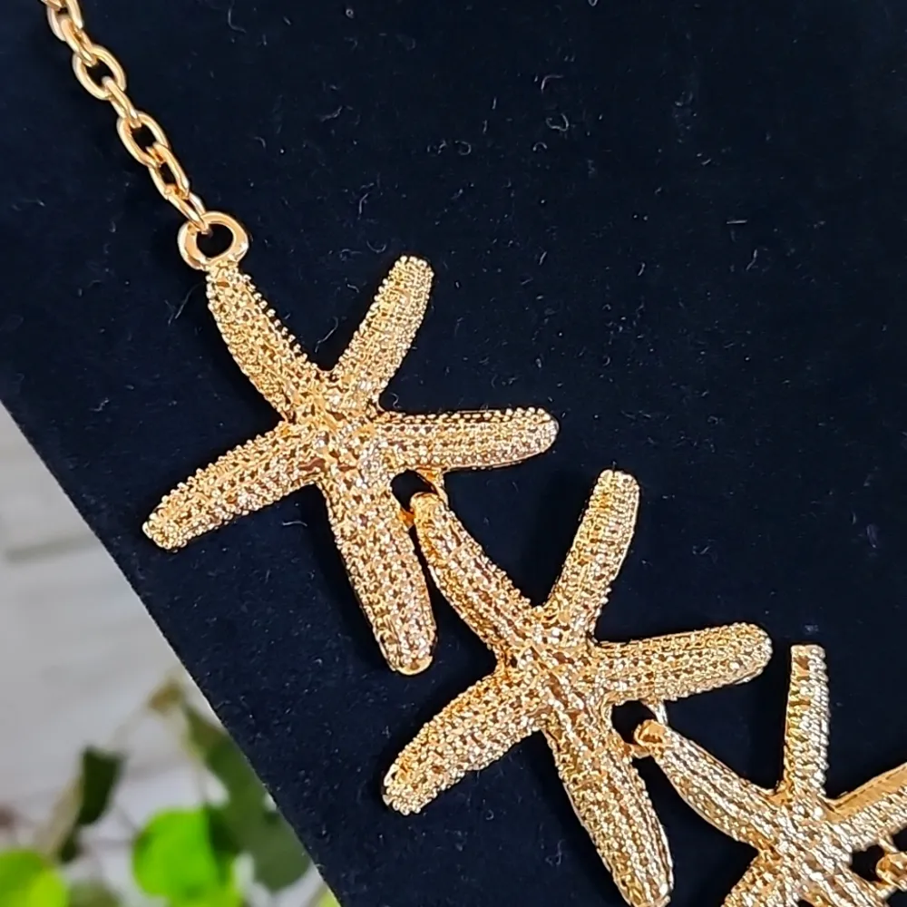 Statement Gold Starfish Bib Necklace Set - Image 3