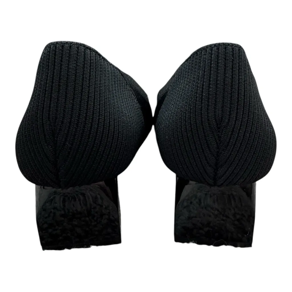 Black Knit ribbed fabric block heel Pointed Toe Pump Shoes Low Heel shiny black Size 10 - Image 4