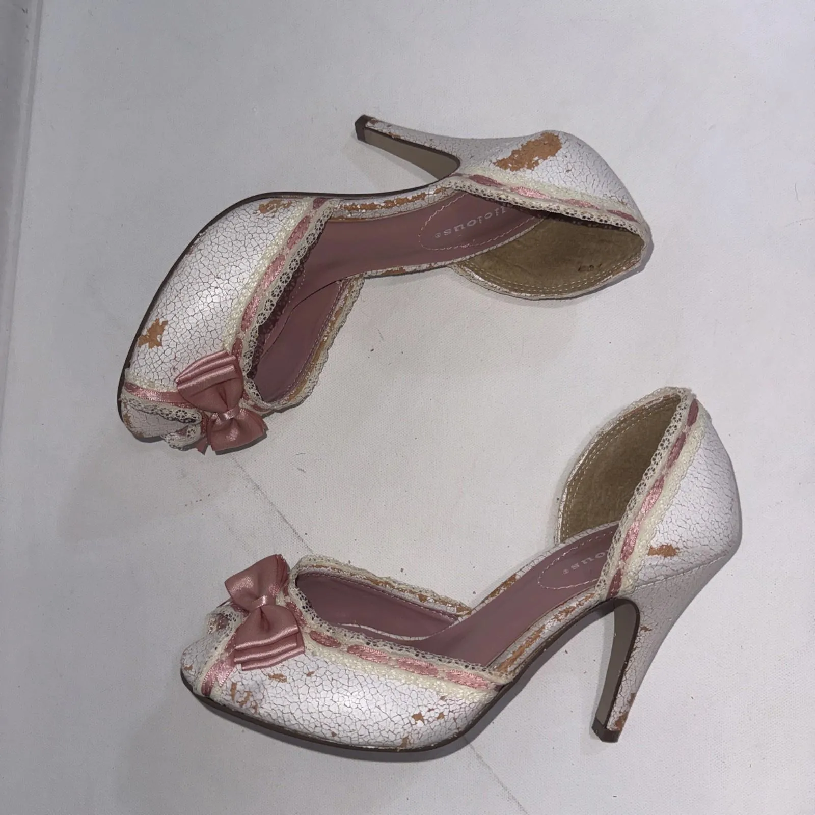 Y2K Delicious White Pink Lace Bows Ribbon Trim Stripper Peep Toe Pumps Size 9 - Image 2
