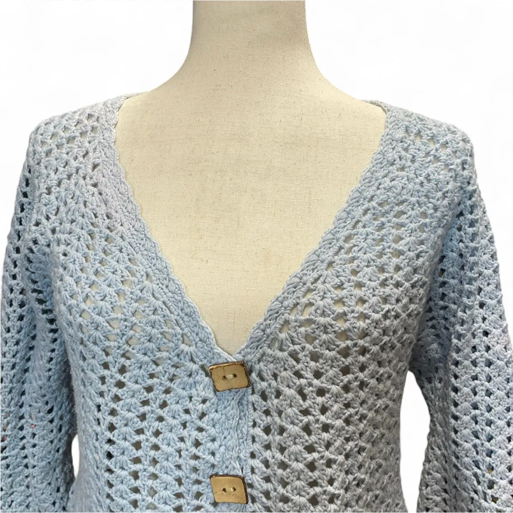 Vintage Windridge Baby Blue Open Knit Crochet Cardigan Scalloped Hem Bell Sleeve Size M - Image 3