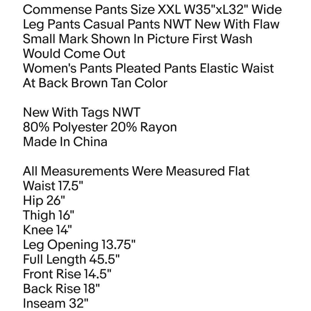 Commense Pants Size XXL W35"xL32" Wide Leg Pants Casual Pants NWT New With Flaw - Image 2