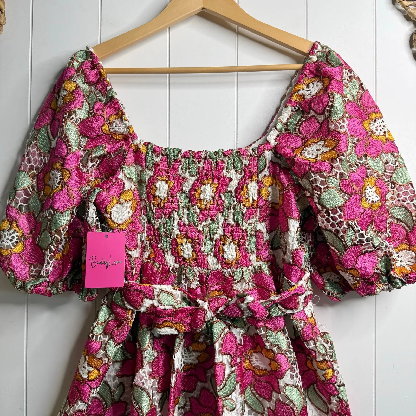 Buddy Love mini dress floral embroidery puff sleeves babydoll Pink Size M - Image 7