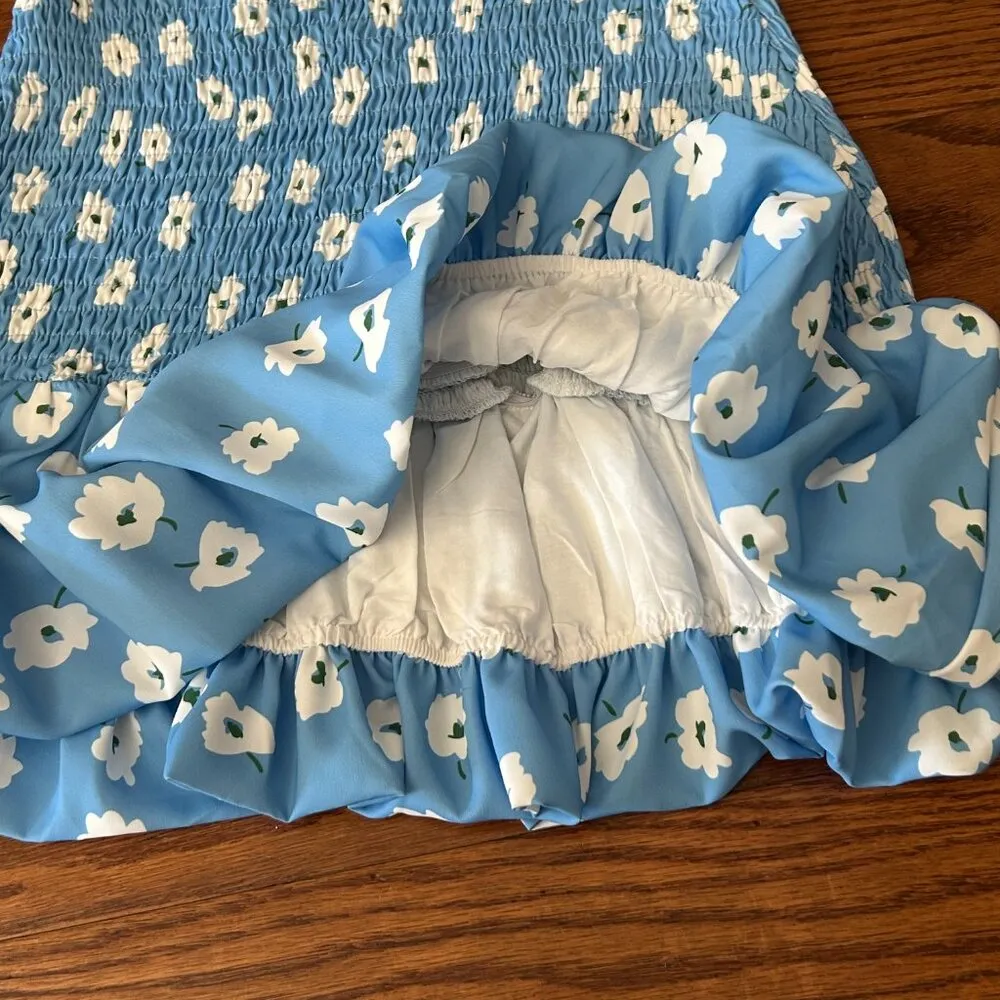 NWT LeLe Floral Ruffle Mini Dress Blue Size Medium Sweetheart Neckline Smocked - Image 13