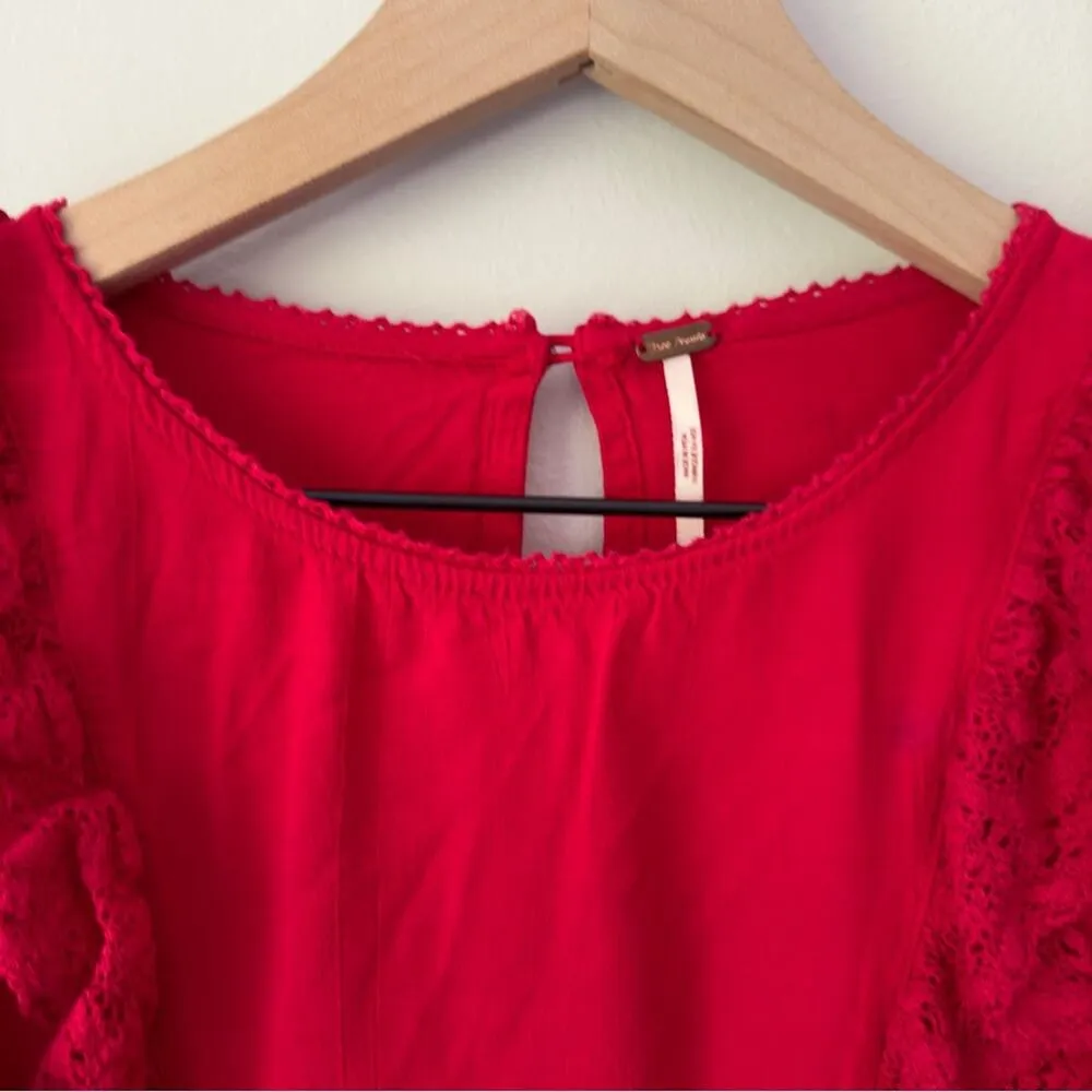 Free People Take it Easy Top Red Ruffle Button Keyhole Lace Peplum Long Sleeve - Image 6