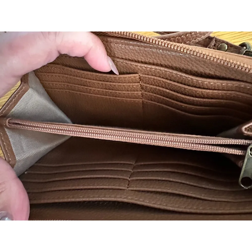 THE SAK Iris Tobacco Brown Flower Embossed Smartphone Crossbody Wristlet Wallet - Image 9