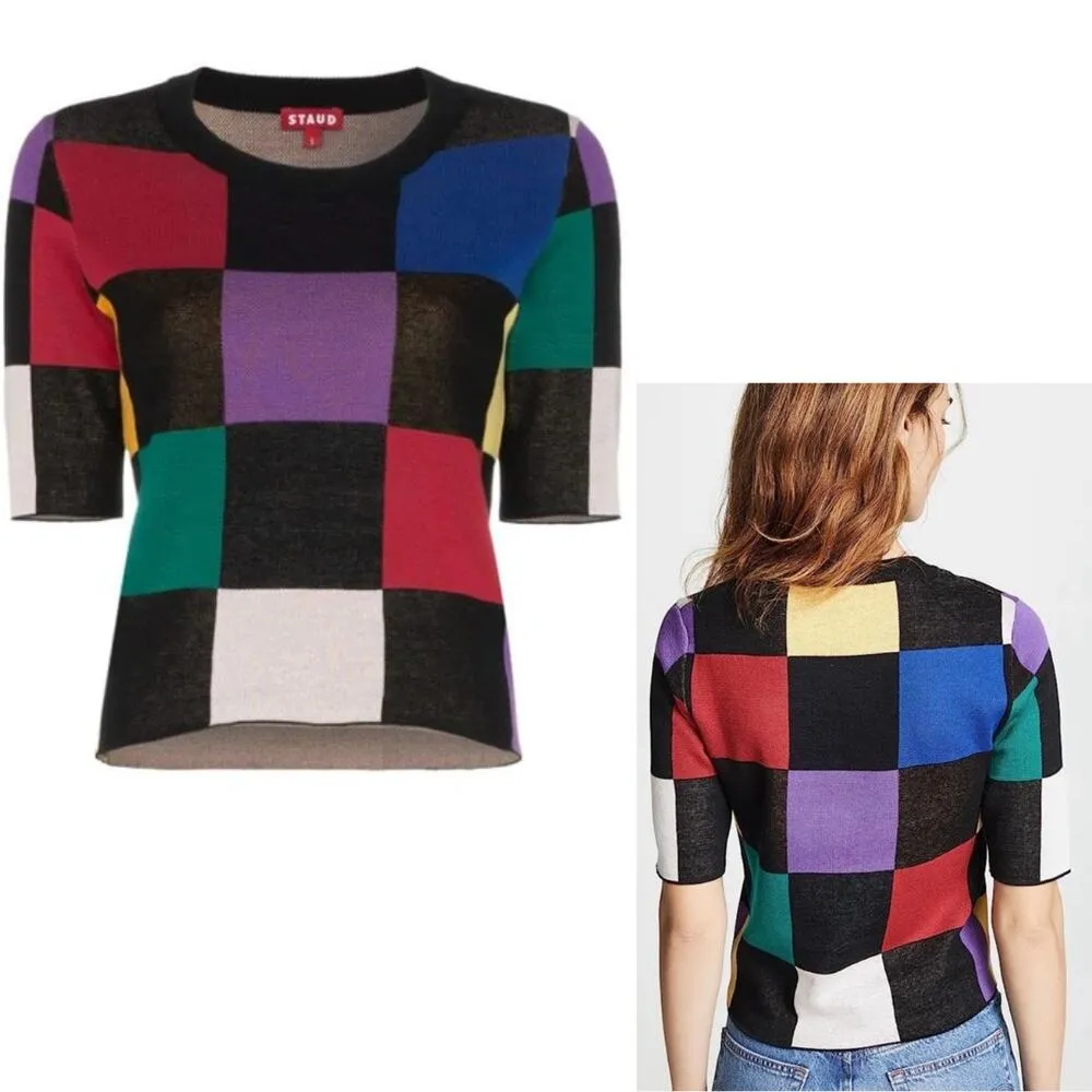 Staud Bain Checkered Knit Short Sleeve Crewneck Top Size XS Y2K Pixar Arthoe Black - Image 3