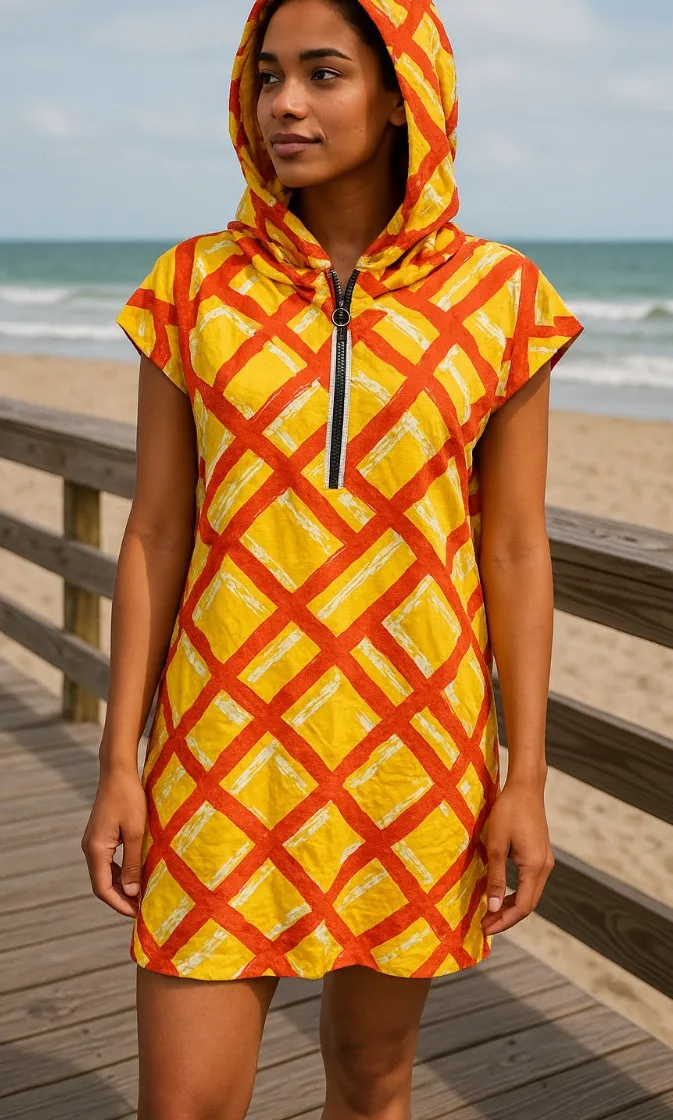 Women's Linen Style Beach Cover up Mini Geo Print Hood Y2K Medium Vacation Yellow - Image 2