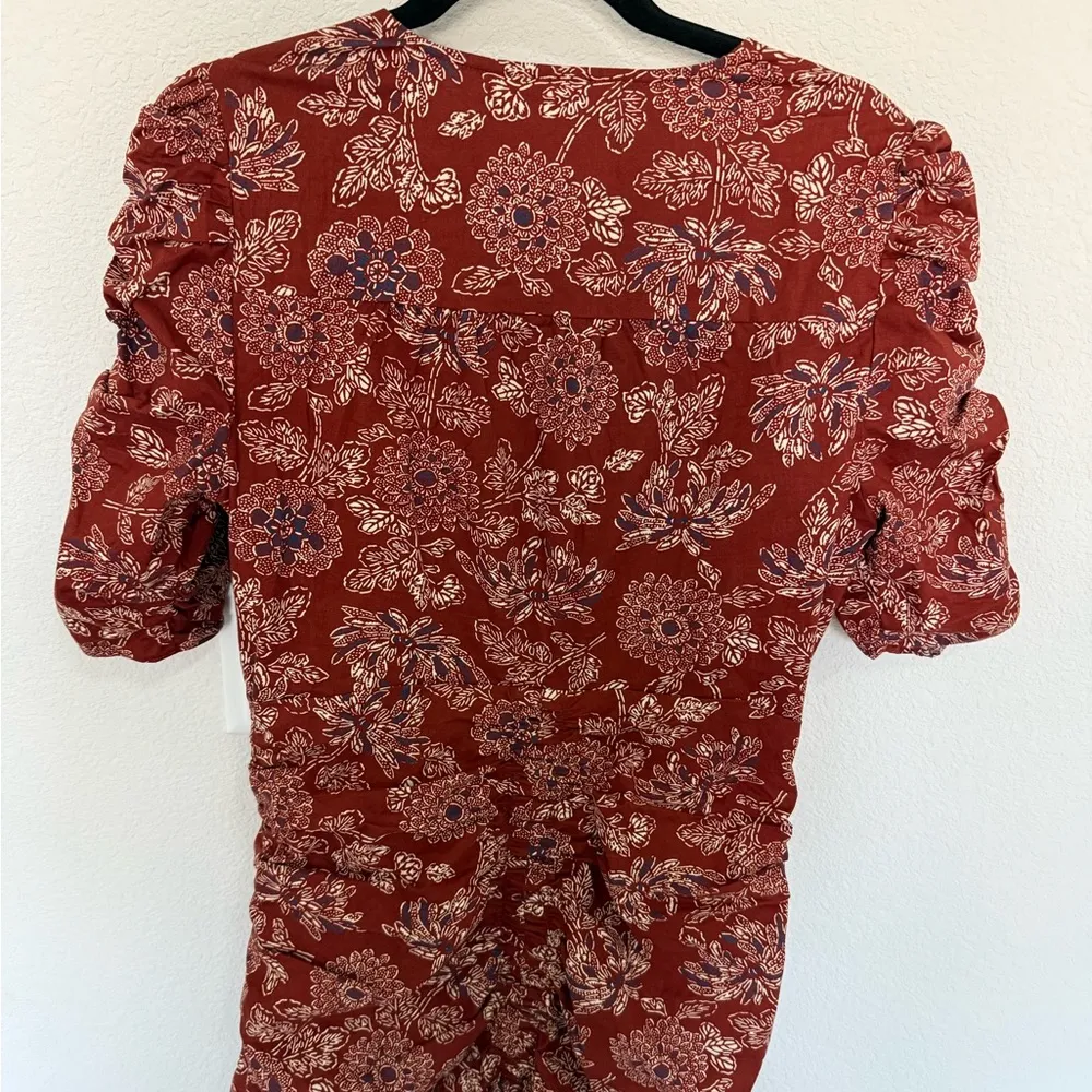 Veronica Beard Josephine Rust Red Floral Ruched Puff Sleeve Mini Dress Size 10 - Image 9