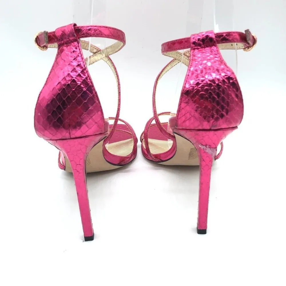 Paige Vera Genuine Snakeskin Strappy Heels Square Toe Pink Metallic 9 - Image 5