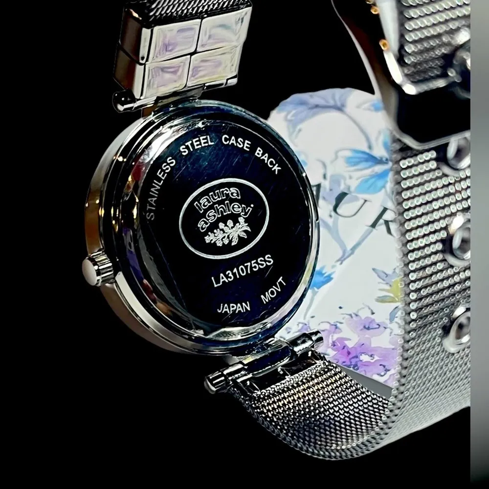 NEW Laura Ashley WATCH Ladies Silver TBar Crystal Bezel Mesh Band Buckle Strap - Image 4