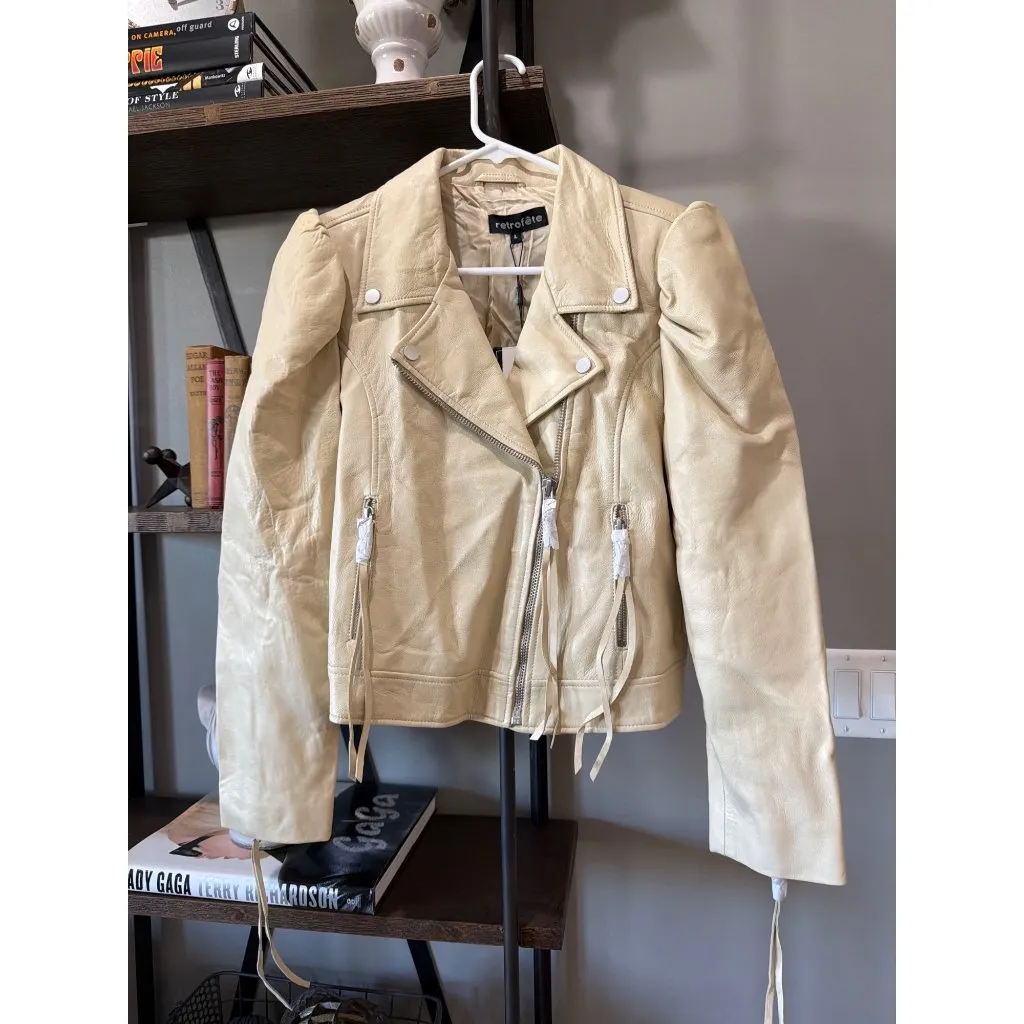 retrofete Lo Leather Biker Jacket Cream Womens Size Large Tan - Image 3