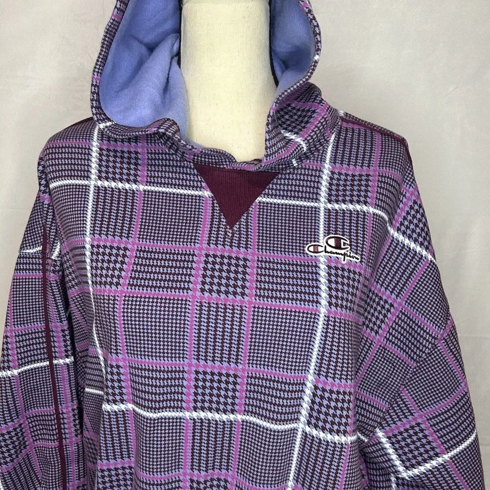 Champion Plaid Purple Classic Fleece Lined Pullover Hoodie Size S - Image 3