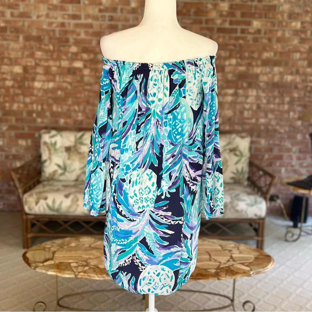 Lilly Pulitzer Nevi Dress Off the Shoulder Blue Print Mini M Party Brunch - Image 7