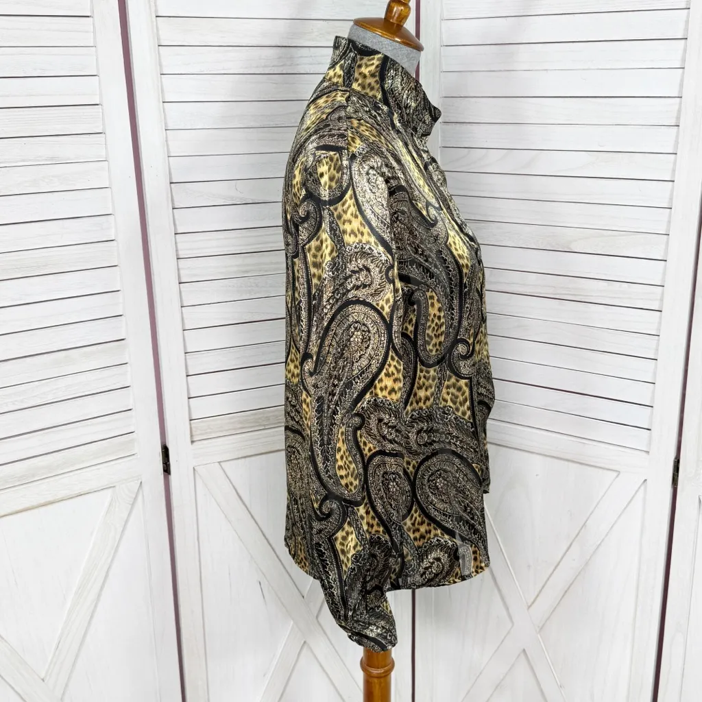 Vintage 80s Tess Paisley Leopard Print Satin Mock Neck Blouse Black Tan Size 8 - Image 3