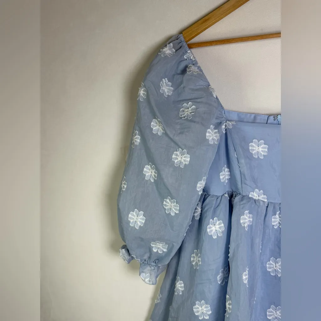 STORIA Women’s Blue Floral Puff Sleeve Mini Dress Cottagecore Coquette  Sz S - Image 5