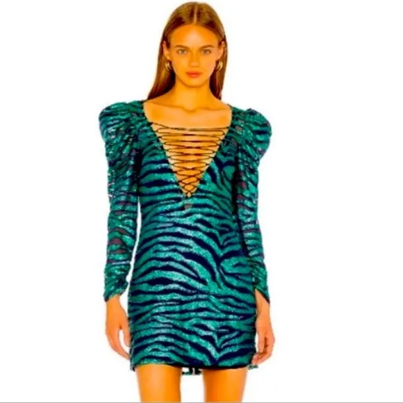 Metallic Formal Dress •Designer• For Love and Lemons NWT Emerald Sequin Lace Up - Image 6