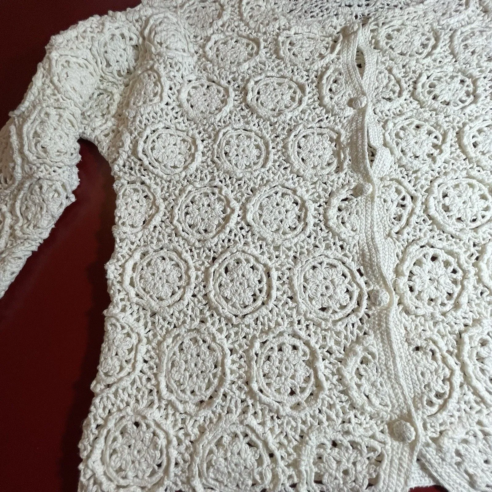 Moda Intl Crochet Button Front Cardigan Womens Med Ivory Medallion Vtg Y2k Retro - Image 11