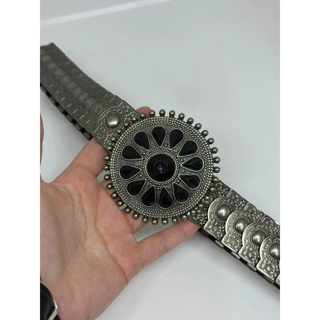 Vintage Boho Western Elastic Waist Belt | Silver Tone Buckle, Black Stretch, 40" - Image 3