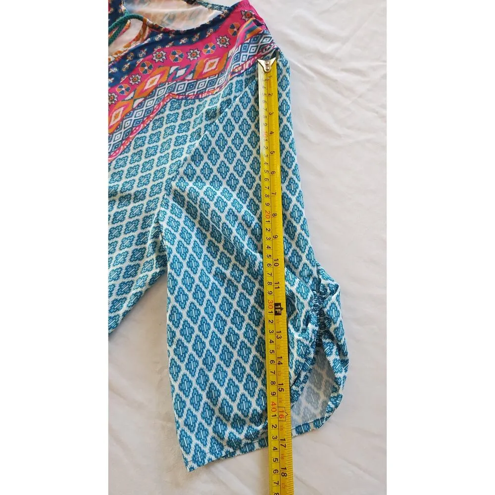 Urban Coco Womens Dress Sz Large Blue Green Geometric Ruched Sleeves Peasant - Image 10