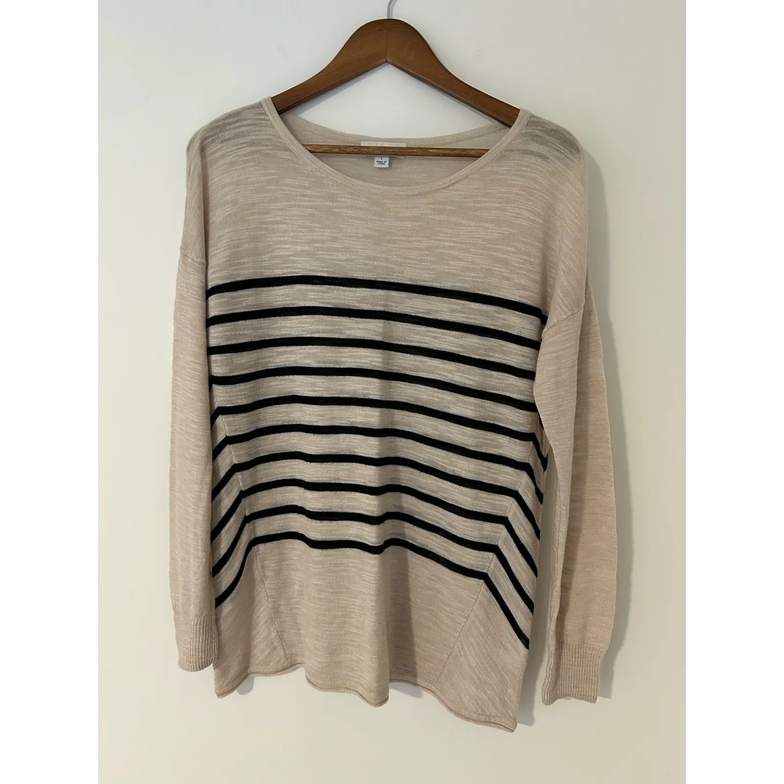 White + Warren L Striped Wool Blend Lightweight Sweater Top Tan Black Burnout Size L - Image 2