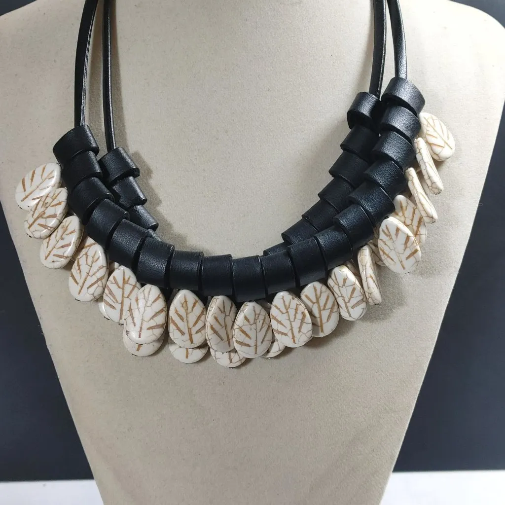 Tribal Necklace Black Tube Leather Stone White Leaf Beads Boho Statement Jewelry - Image 10