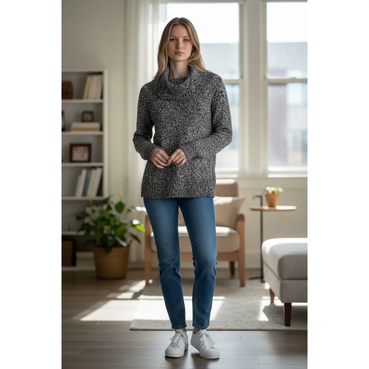 Rafaella Black Grey Marled Cowl Neck Sweater Size M Cozy Winter Knit - Image 14