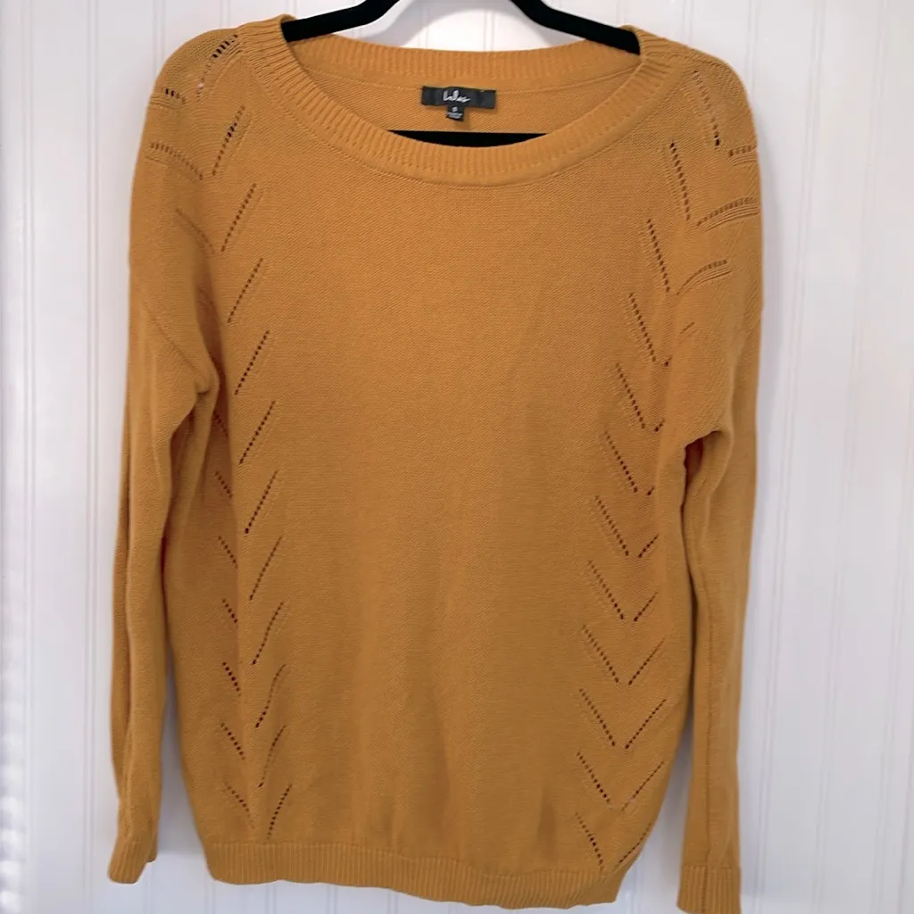 Lulus Pointelle Me More Sweater Mustard Yellow Cotton Blend Oversized Size Small - Image 2