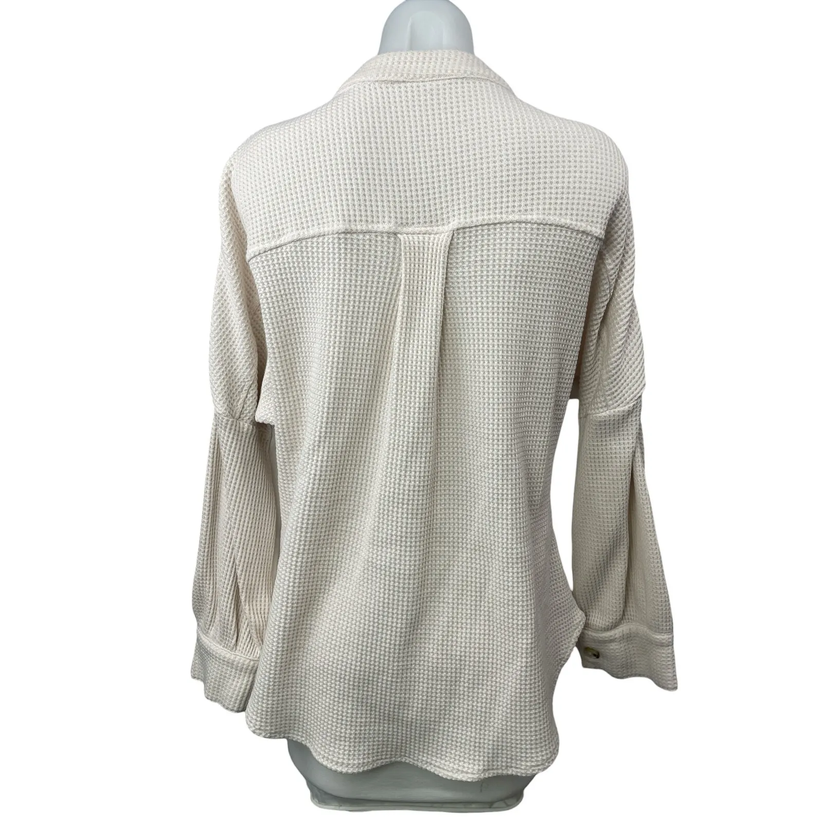 Women's White Waffle Knit Thermal Pocket Long Sleeve Button Down Shirt Top Sz M Size M - Image 2