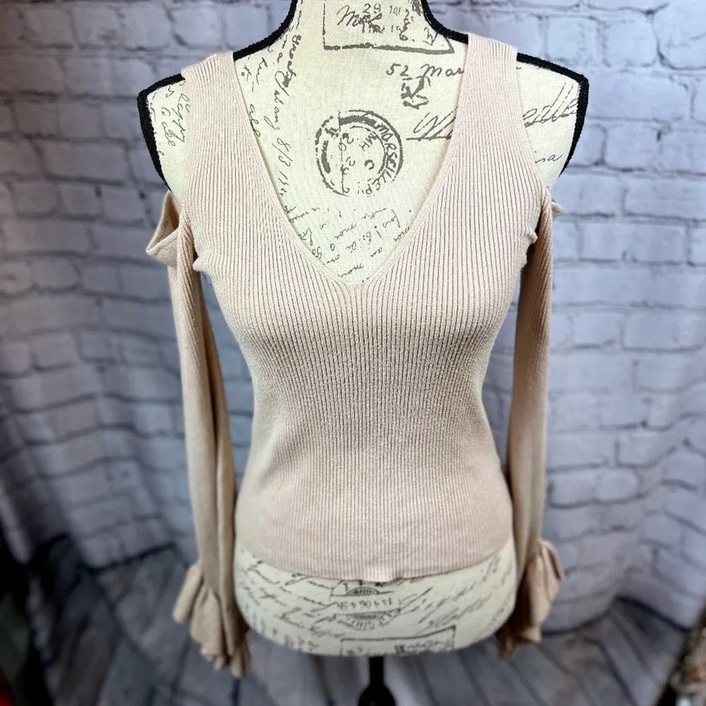 Express Cold Shoulder Ribbed V-Neck Bell Sleeve Sweater - Blush - size M - Image 4