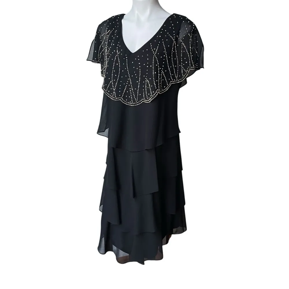 Patra by Joanna Chen Vintage Black Ruffled Gold Beaded Tiered Flapper Dress Size 14 - Image 5