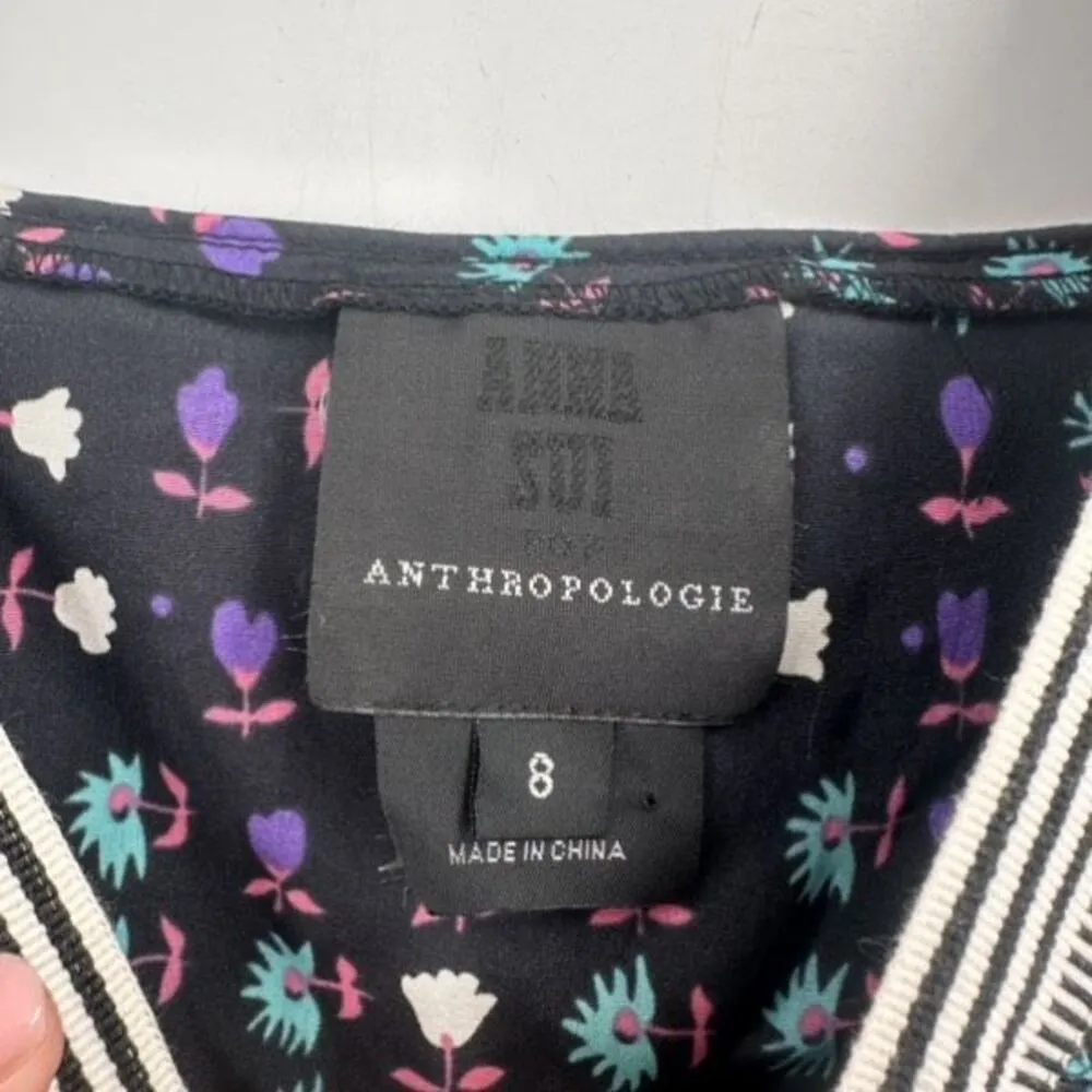 Anthropologie x Anna Sui Silk Blend Floral Dress Stripe Trim Sz 8 Black Colorful - Image 5