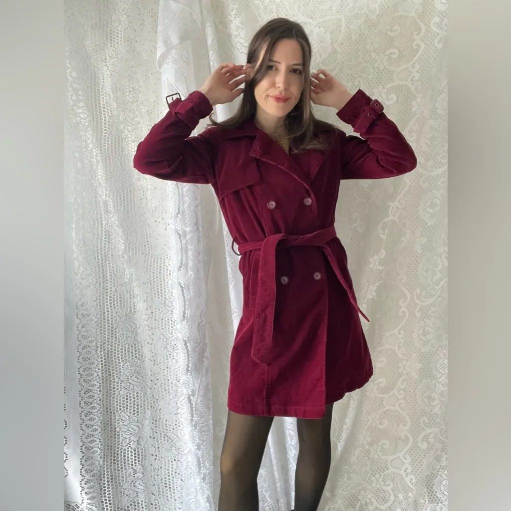 Vintage Burgundy Corduroy Trench Coat Kathy Ireland Belted Double Breasted - Image 3