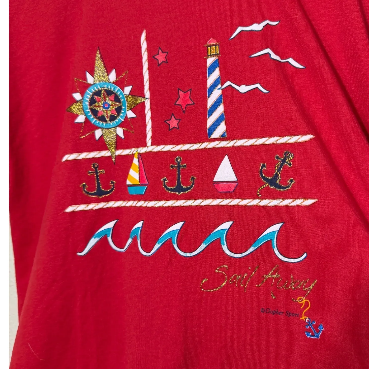 Gopher Sport Red Nautical Sailboat Lighthouse Anchor Polo Shirt Top Size L - Image 2