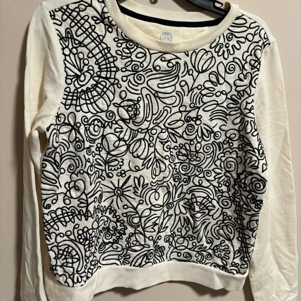 Tory Burch Embroidered Scribble Doodle Graphic Floral Sweater- Size Small - Image 3