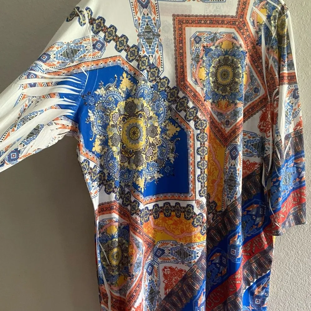 Reba Woman V-neck Jeweled 3/4 Sleeve Tunic Top Blouse Blue White Orange plus 1X - Image 5