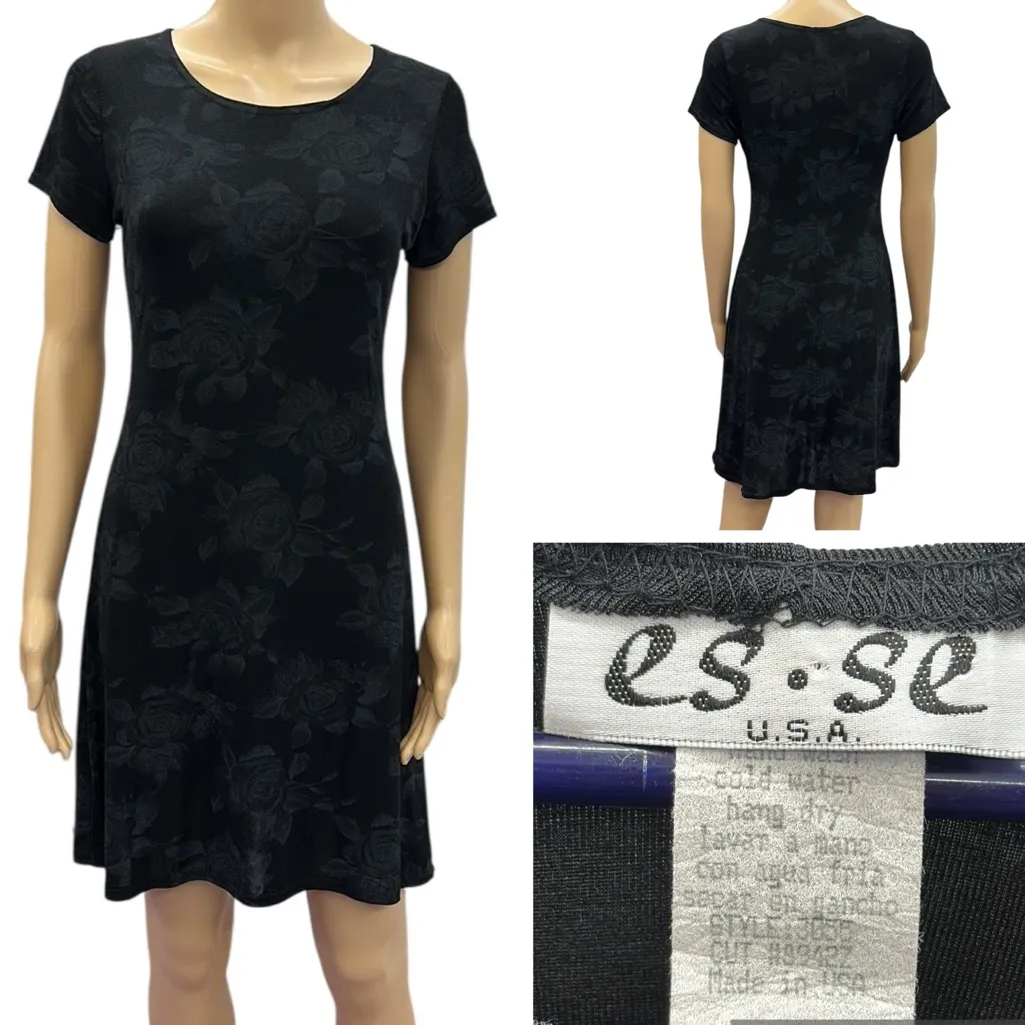 Vintage ESSE Floral Black and Gray Short Sleeve A Line Fit Flare Dress Size M Size M - Image 2