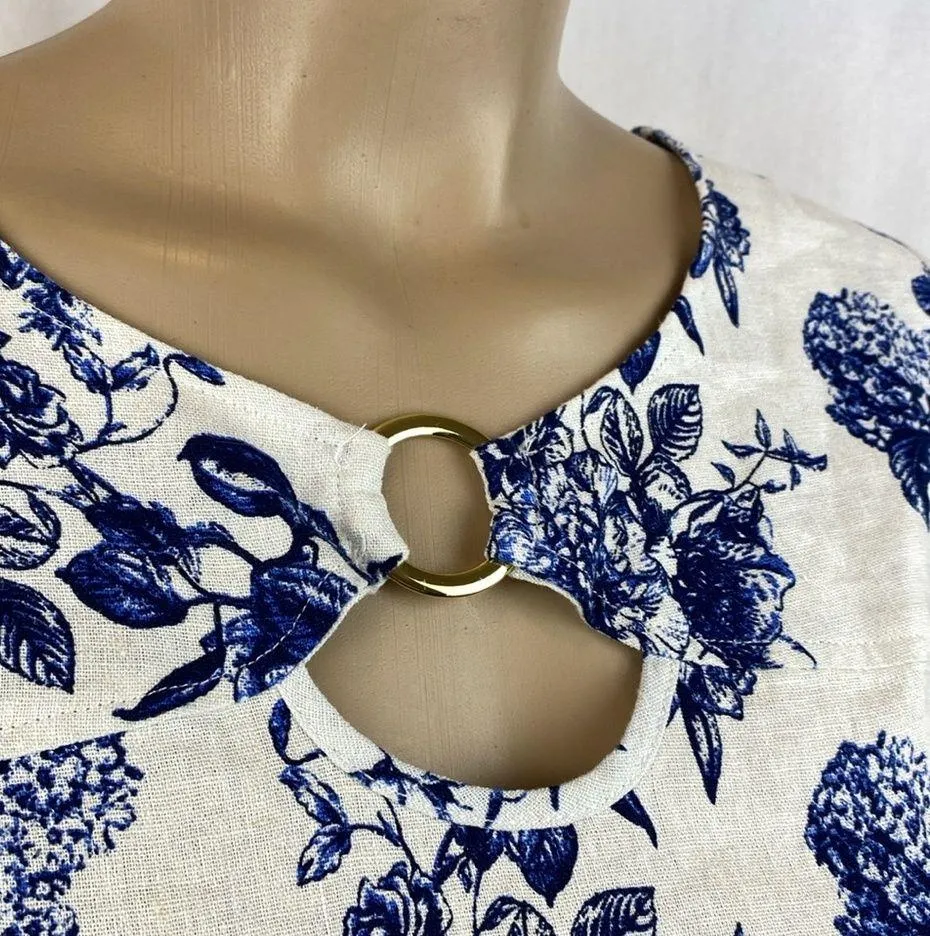 Harper 241 Blue & White 100% Linen Short Sleeve Blouse Top XL - Image 3