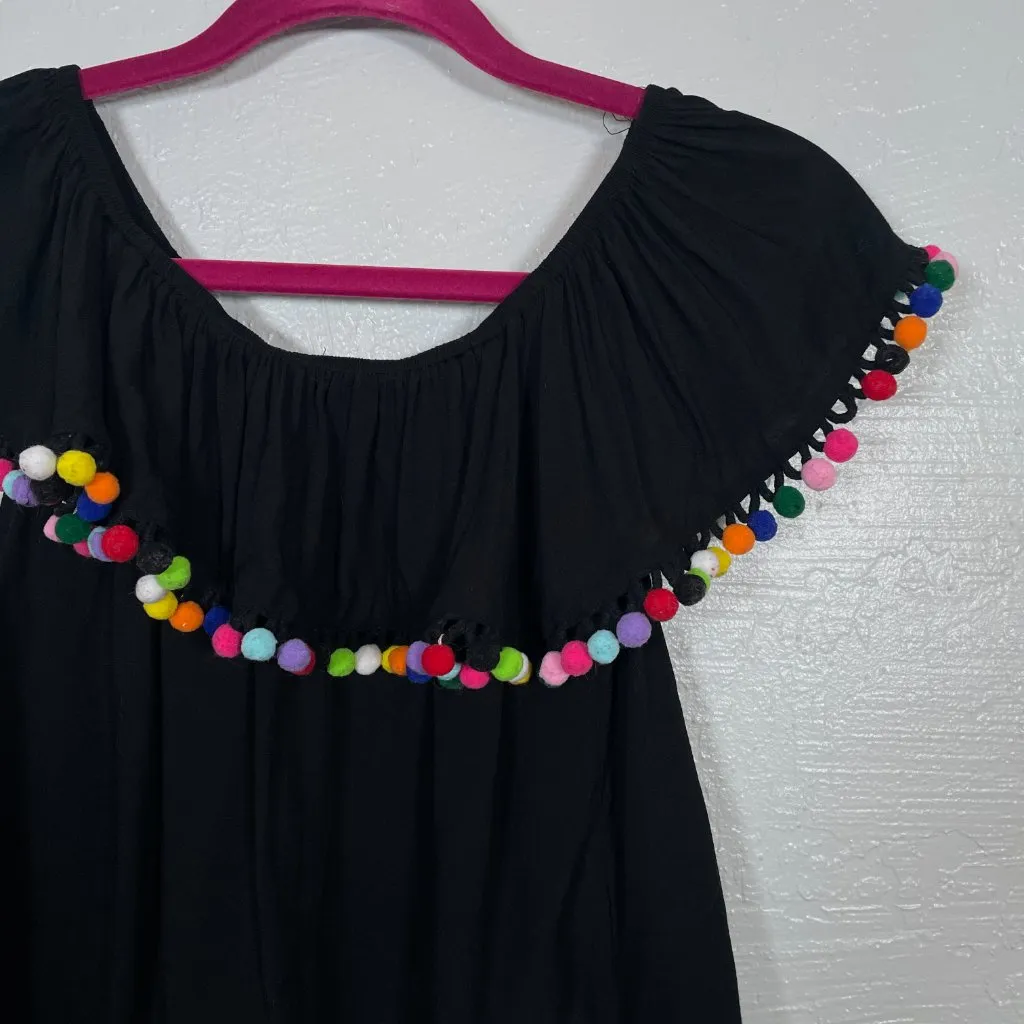 Collectif Women S Black Pom Pom Blouse Off the Shoulder Pinup Retro VLV - Image 3