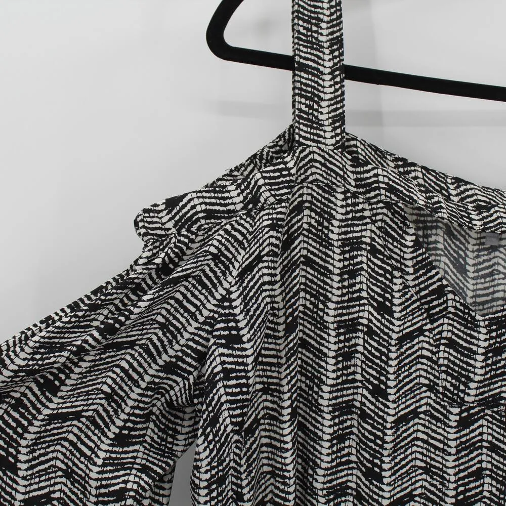 Lemon Tart Cold Shoulder Cutout Dress Grainy Waves Printed Black White Size 1X - Image 2