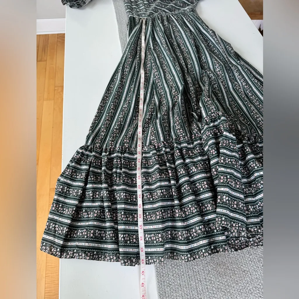 Vintage 1970s Handmade Dark Green Pink Floral Lace Prairie Maxi Dress Size Small - Image 8