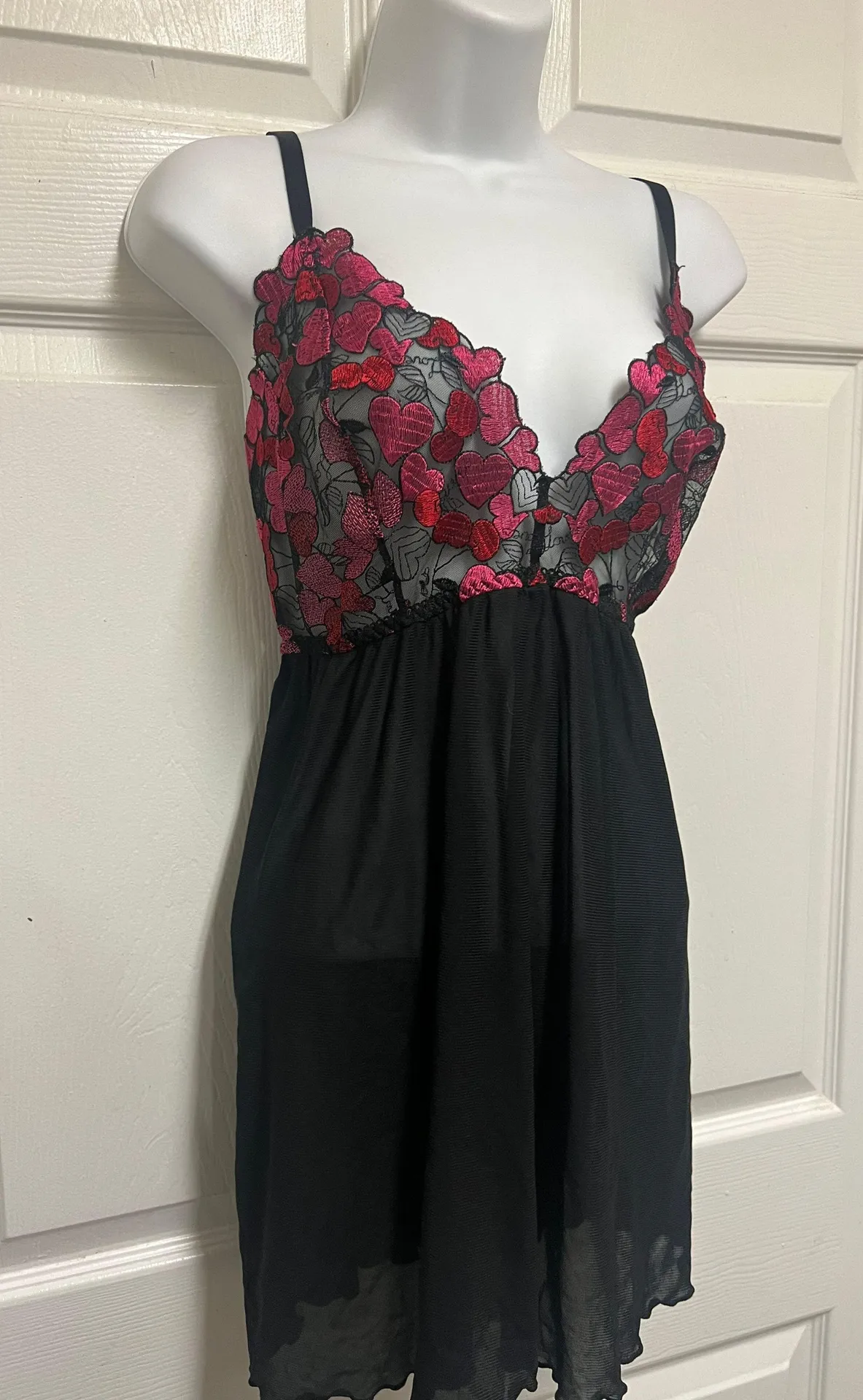 Black & Pink Heart Embroidered Mesh Babydoll - Image 9